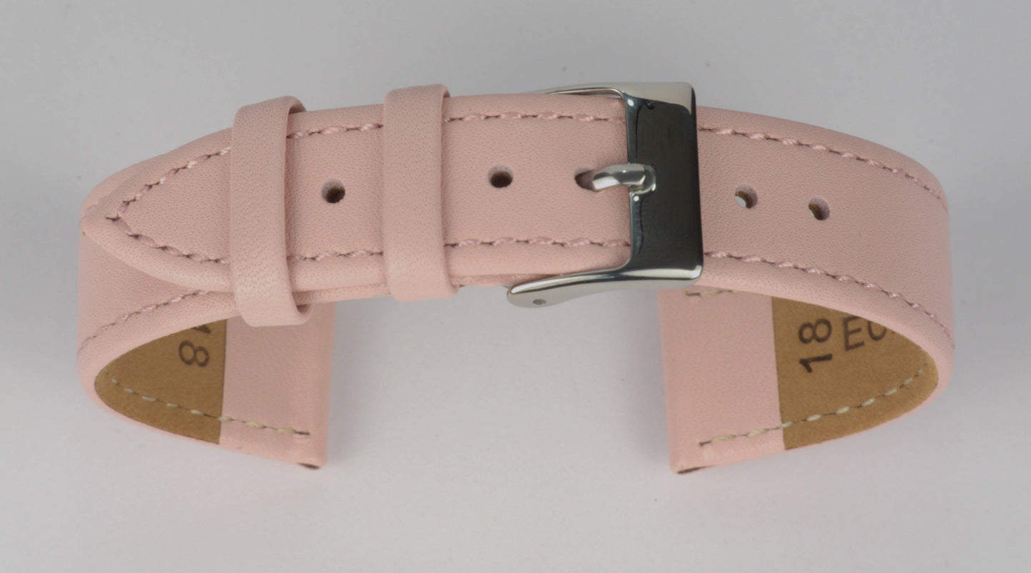 Lederuhrenarmband (Pink) zu einem Bogen geformt mit weißem Hintergrund. Detaillierte Nahaufnahme.