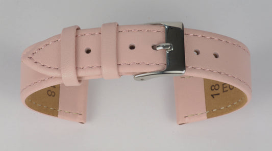 Lederuhrenarmband (Pink) zu einem Bogen geformt mit weißem Hintergrund. Detaillierte Nahaufnahme.