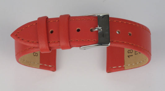 Lederuhrenarmband (Rot) zu einem Bogen geformt mit weißem Hintergrund. Detaillierte Nahaufnahme.