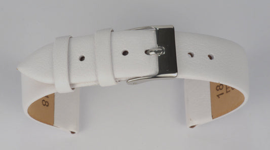 Lederuhrenarmband (Weiß) zu einem Bogen geformt mit weißem Hintergrund. Detaillierte Nahaufnahme.