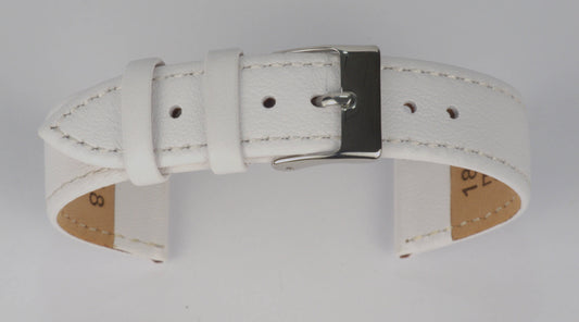 Lederuhrenarmband (Weiß) zu einem Bogen geformt mit weißem Hintergrund. Detaillierte Nahaufnahme.