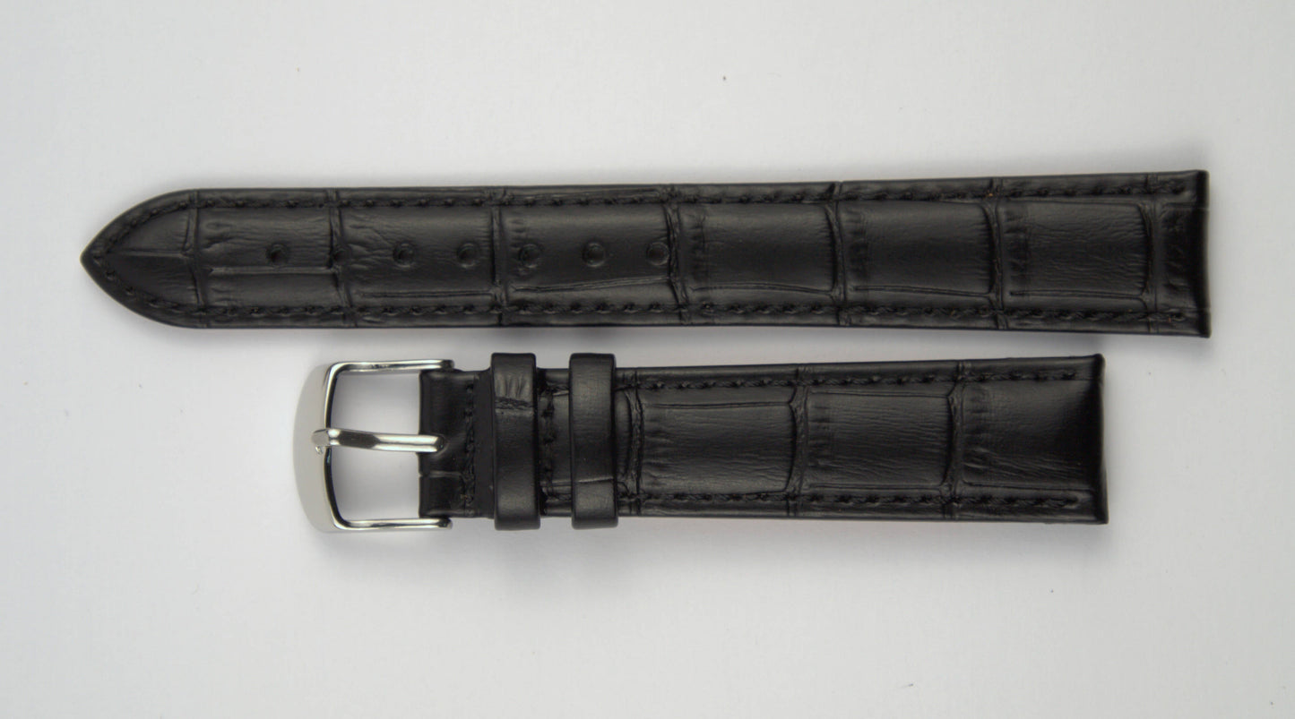 Lederuhrenarmband (Schwarz) flach aufgelegt mit weißem Hintergrund. Detaillierte Nahaufnahme.