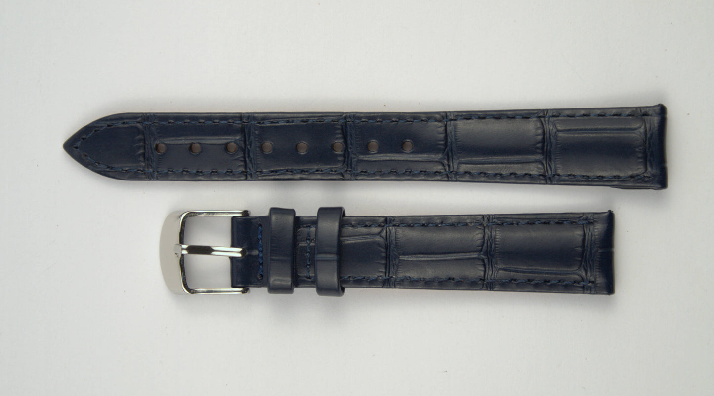 Lederuhrenarmband (Dunkelblau) flach aufgelegt mit weißem Hintergrund. Detaillierte Nahaufnahme.