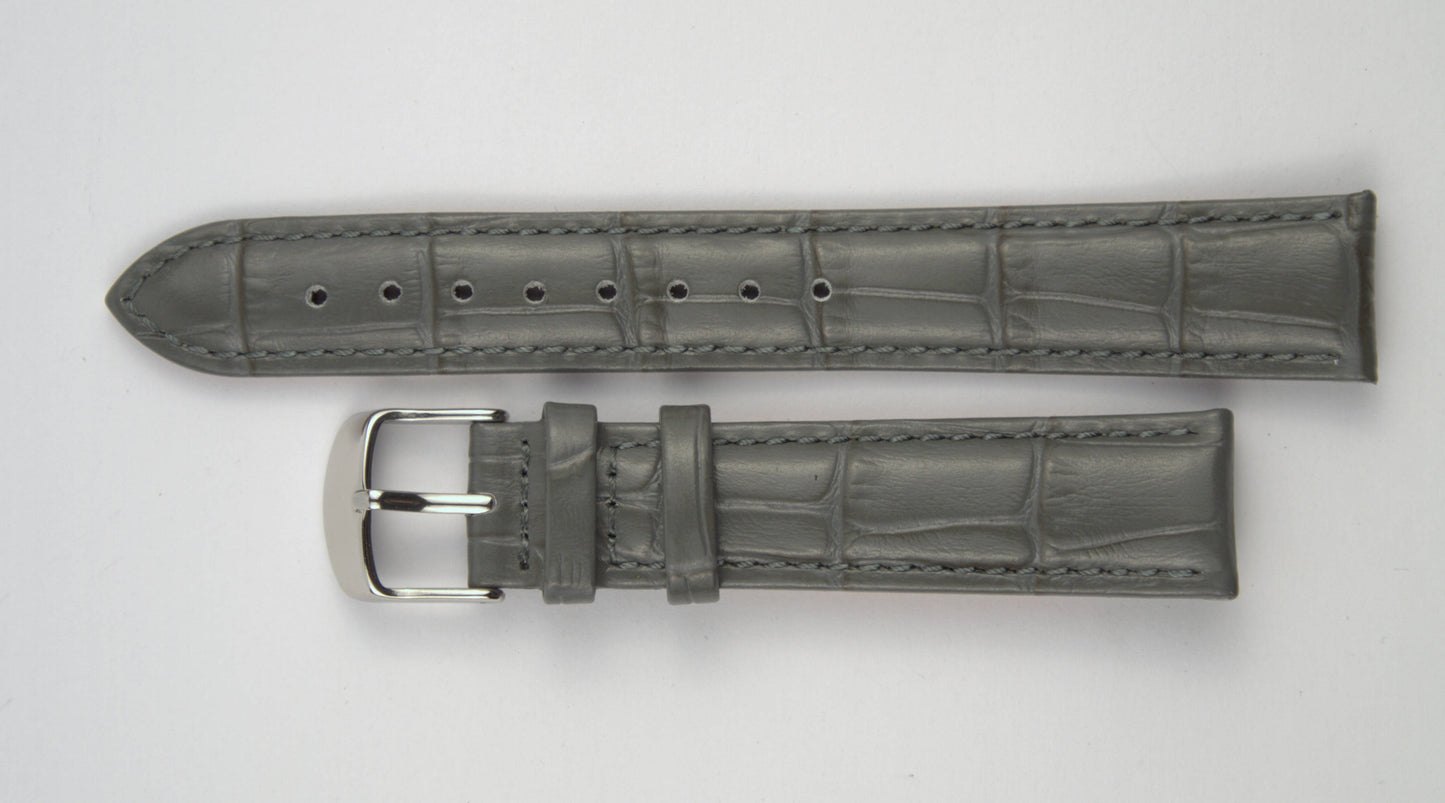 Lederuhrenarmband (Dunkelgrau) flach aufgelegt mit weißem Hintergrund. Detaillierte Nahaufnahme.