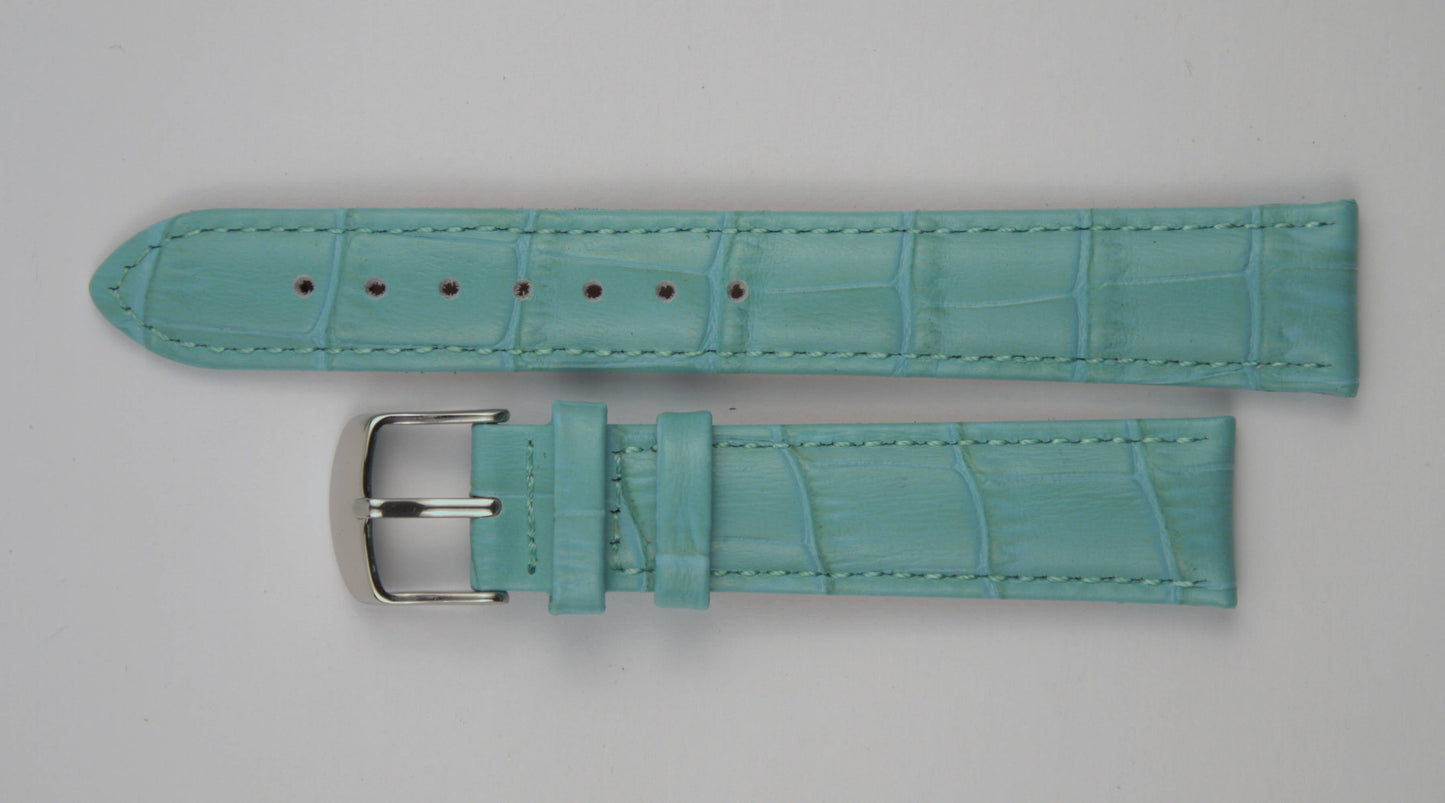 Lederuhrenarmband (Türkis) flach aufgelegt mit weißem Hintergrund. Detaillierte Nahaufnahme.