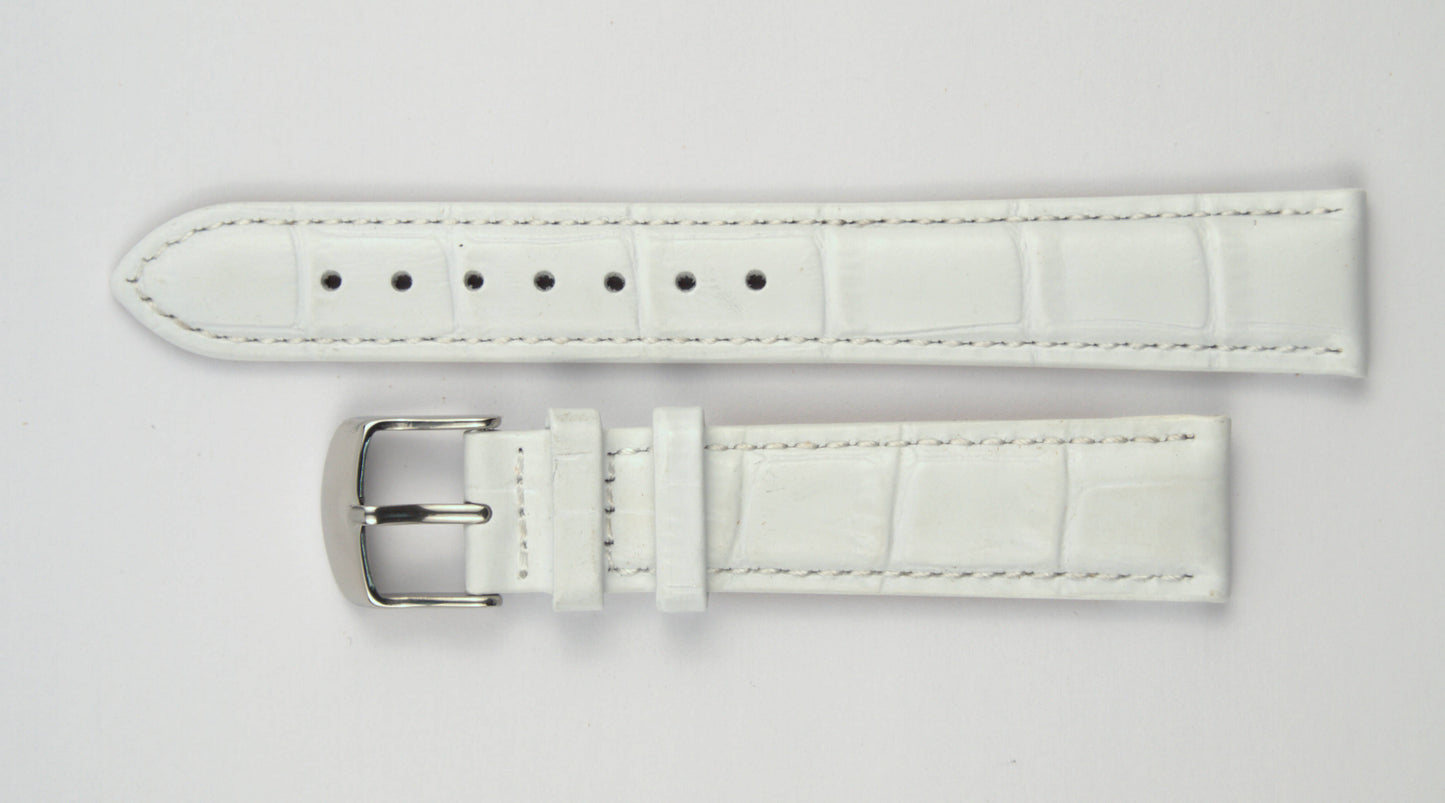 Lederuhrenarmband (Weiß) flach aufgelegt mit weißem Hintergrund. Detaillierte Nahaufnahme.