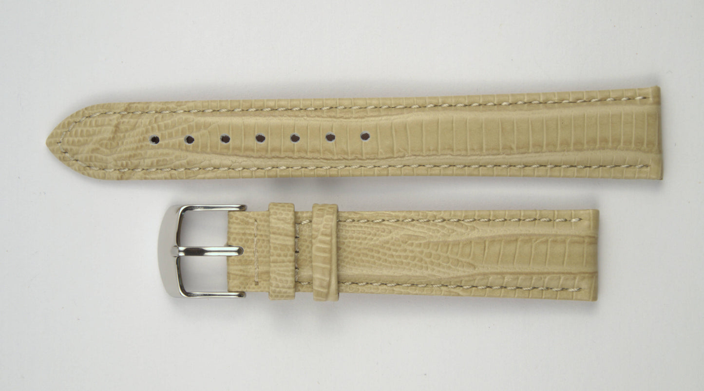 Lederuhrenarmband (Beige) flach aufgelegt mit weißem Hintergrund. Detaillierte Nahaufnahme.