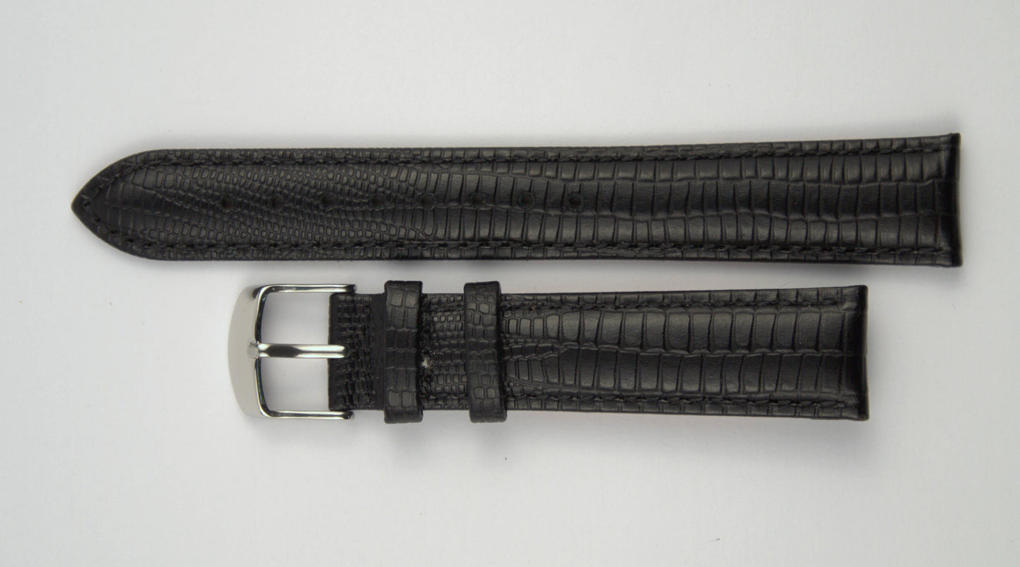Lederuhrenarmband (Schwarz) flach aufgelegt mit weißem Hintergrund. Detaillierte Nahaufnahme.