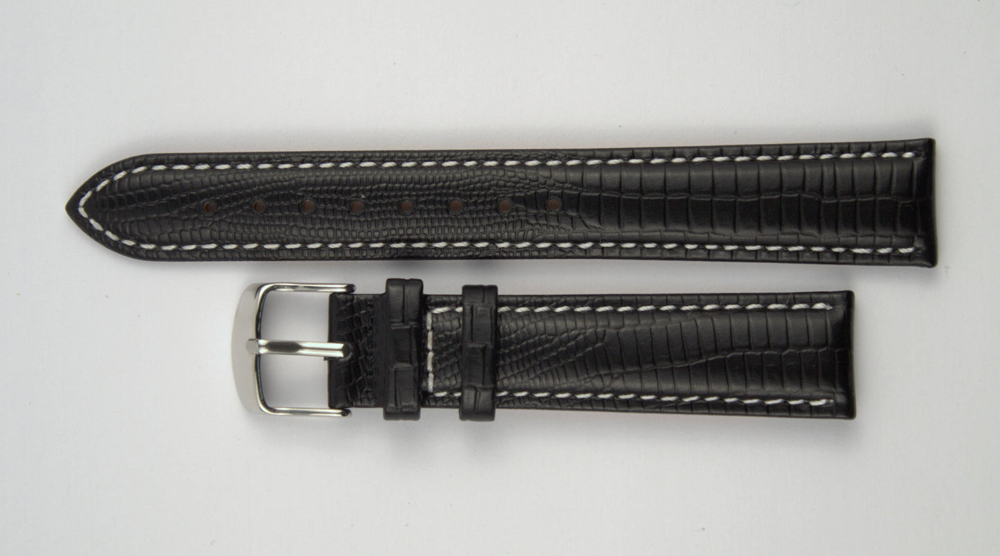 Lederuhrenarmband (Schwarz mit weißer Naht) flach aufgelegt mit weißem Hintergrund. Detaillierte Nahaufnahme.