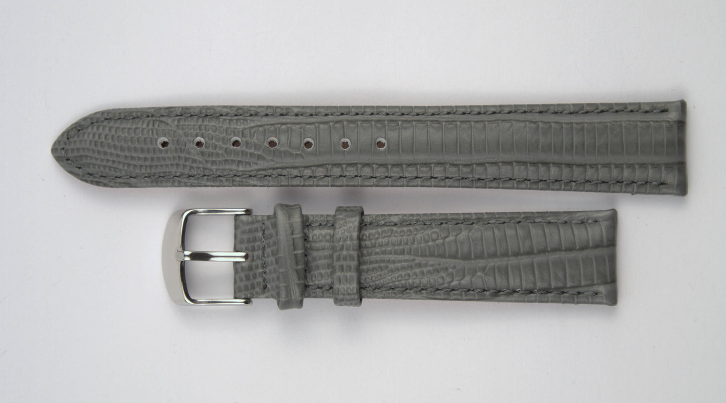 Lederuhrenarmband (Dunkelgrau) flach aufgelegt mit weißem Hintergrund. Detaillierte Nahaufnahme.