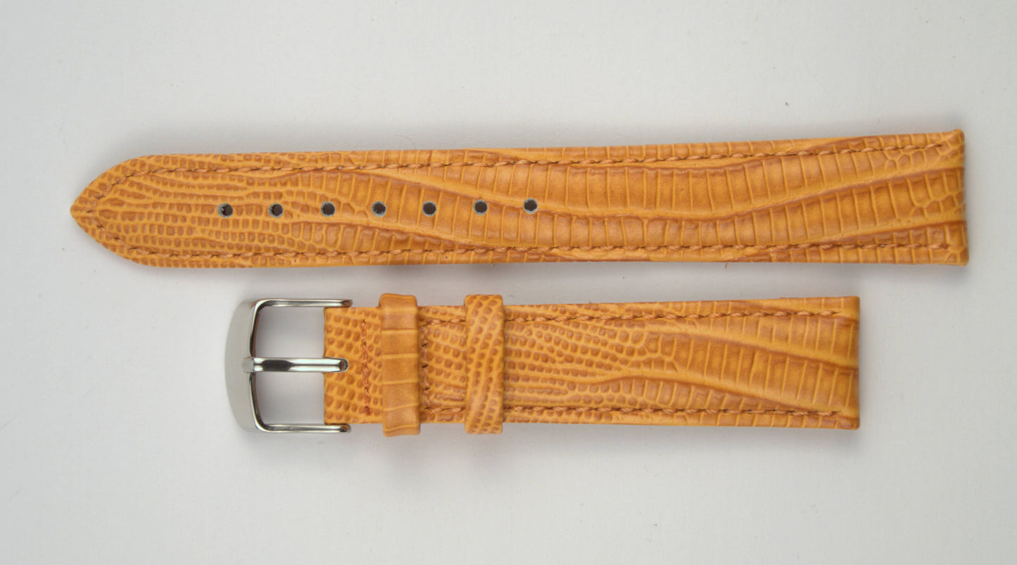 Lederuhrenarmband (Orange) flach aufgelegt mit weißem Hintergrund. Detaillierte Nahaufnahme.