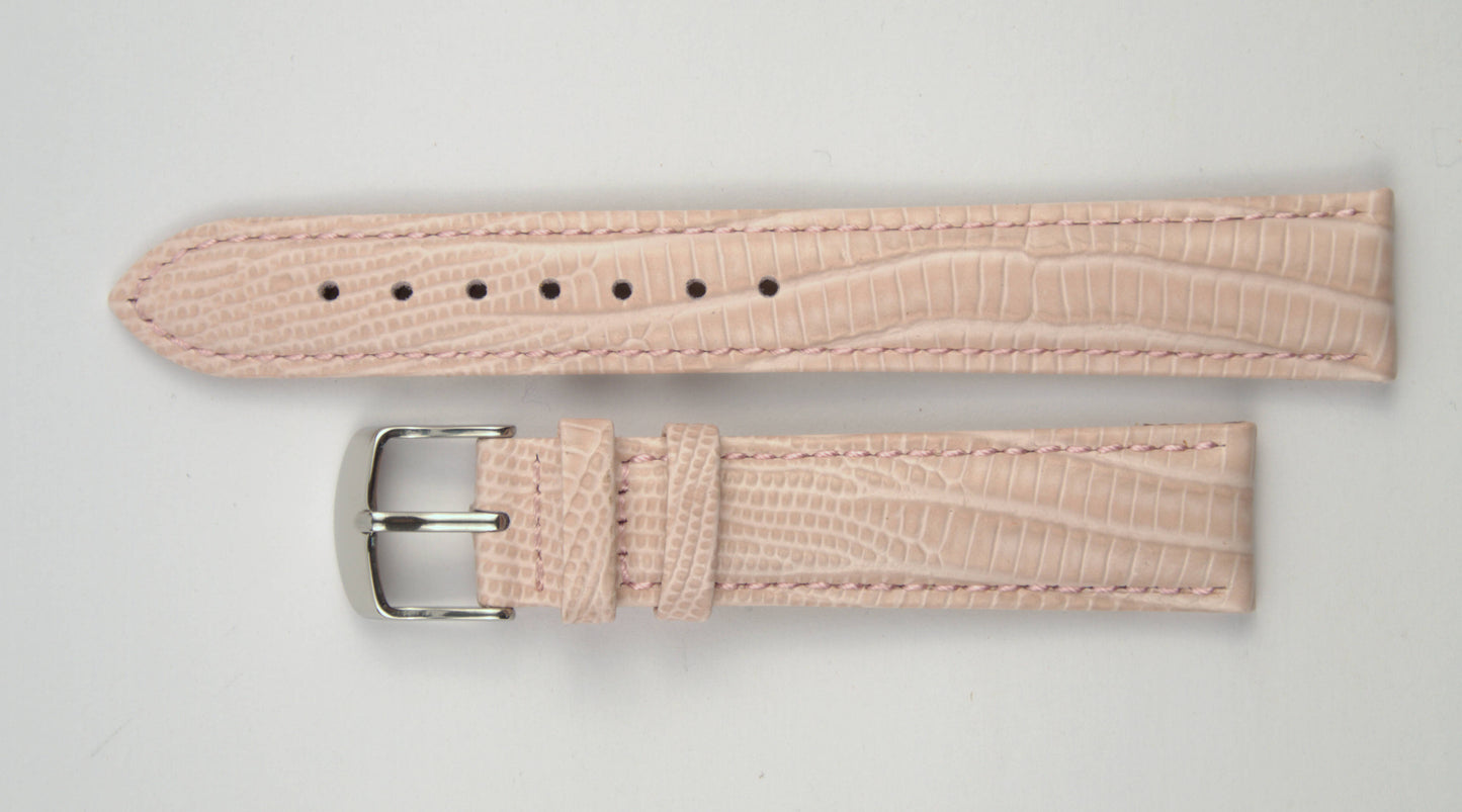 Lederuhrenarmband (Pink) flach aufgelegt mit weißem Hintergrund. Detaillierte Nahaufnahme.