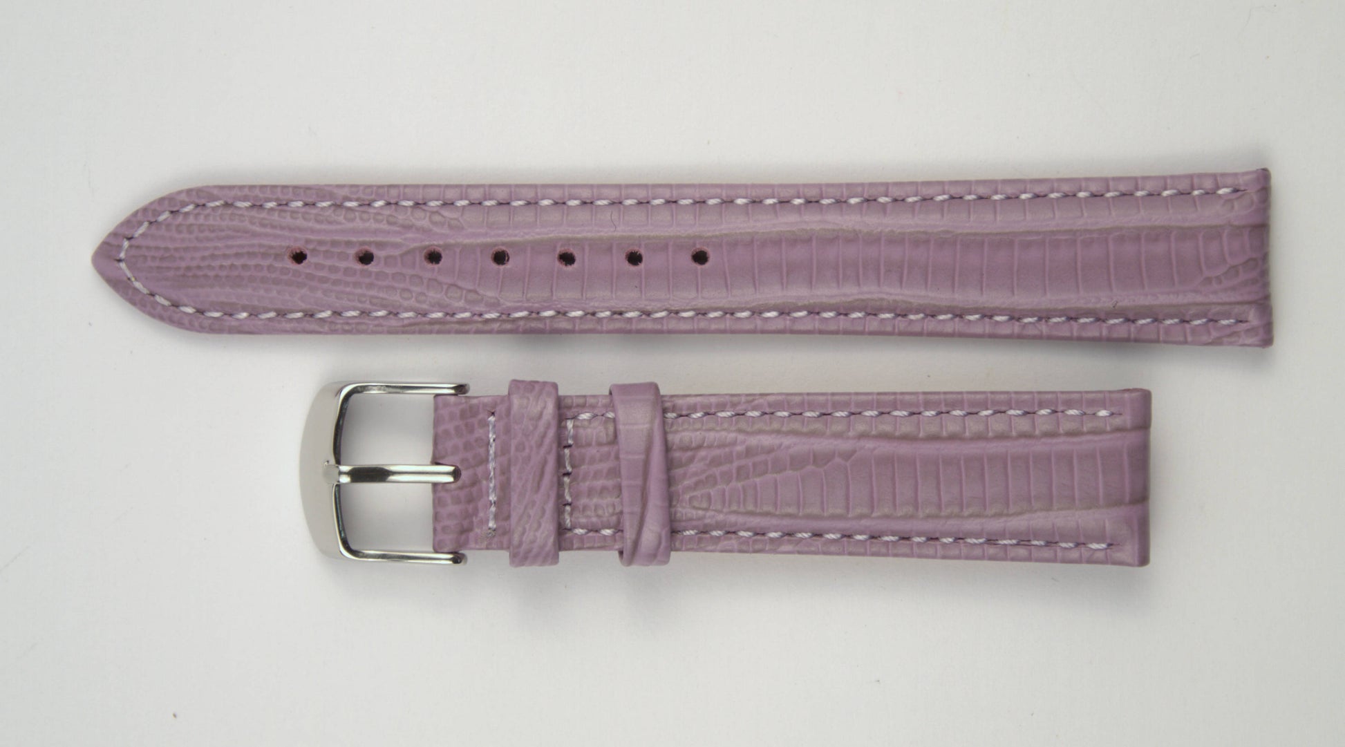 Lederuhrenarmband (Lila) flach aufgelegt mit weißem Hintergrund. Detaillierte Nahaufnahme.